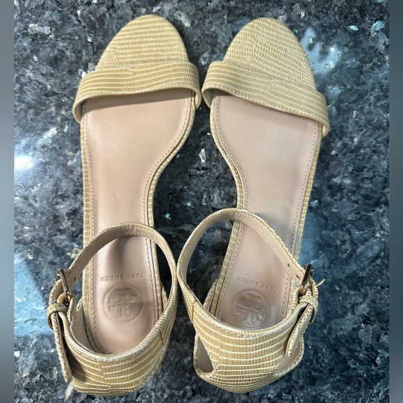 Tory Burch Brown Beige Ankle Strap Open Toe Wedges Women’s Size 9.5 - Picture 3 of 12
